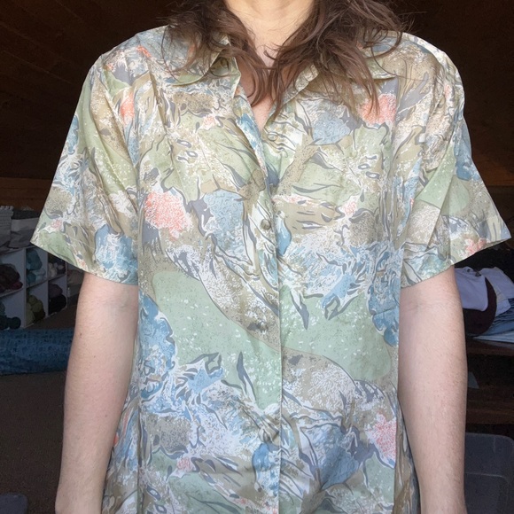 Vintage 100% silk pale green abstract short sleeve button down blouse top - Picture 7 of 9